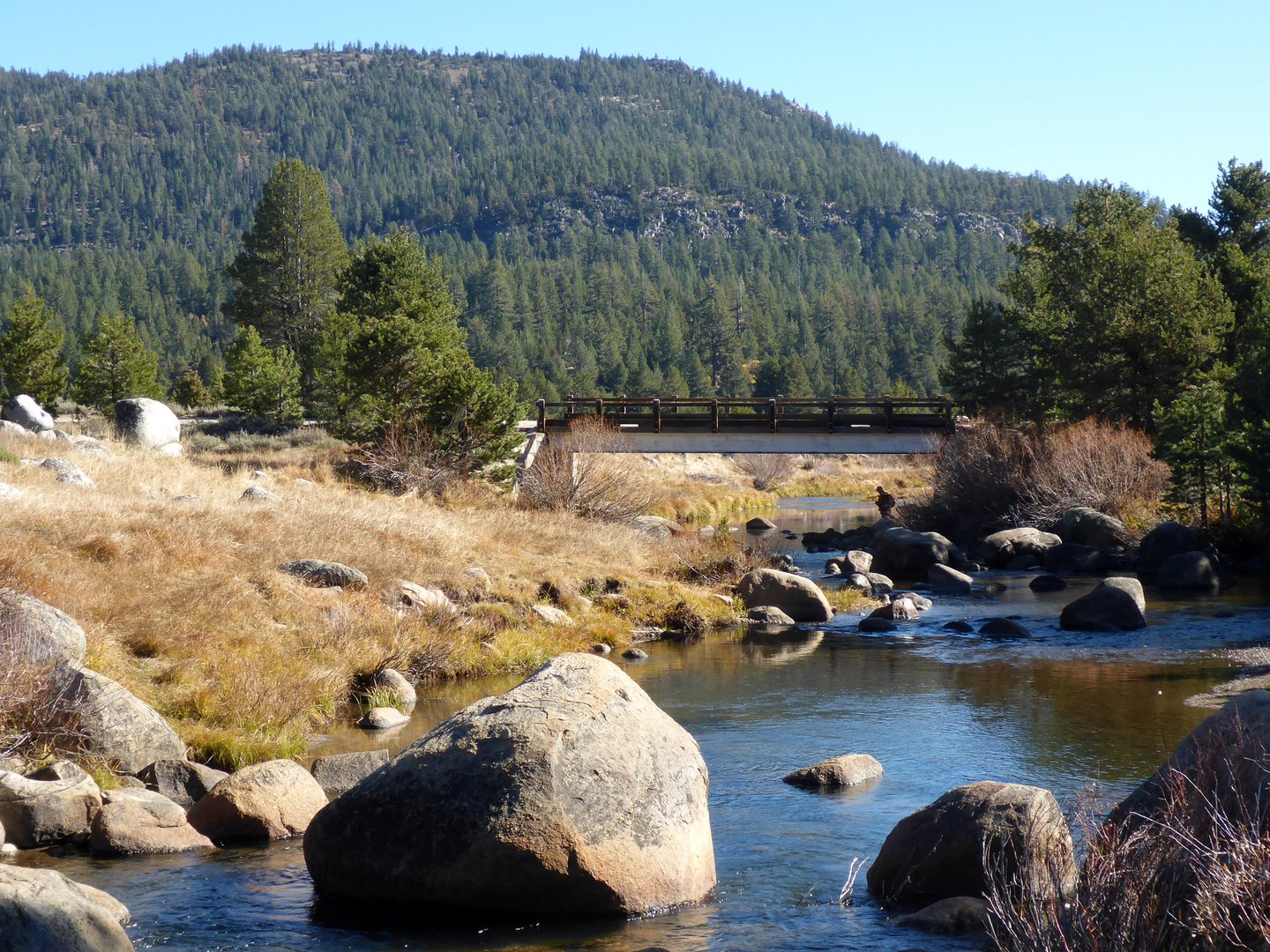 Pedestrian bridge over the West Fork Carson River in Hope Valley, headwaters of the river that runs through the Carson Valley. Gardnerville and Minden home loans and mortgage pre-approval with Art Loera, PRMG.